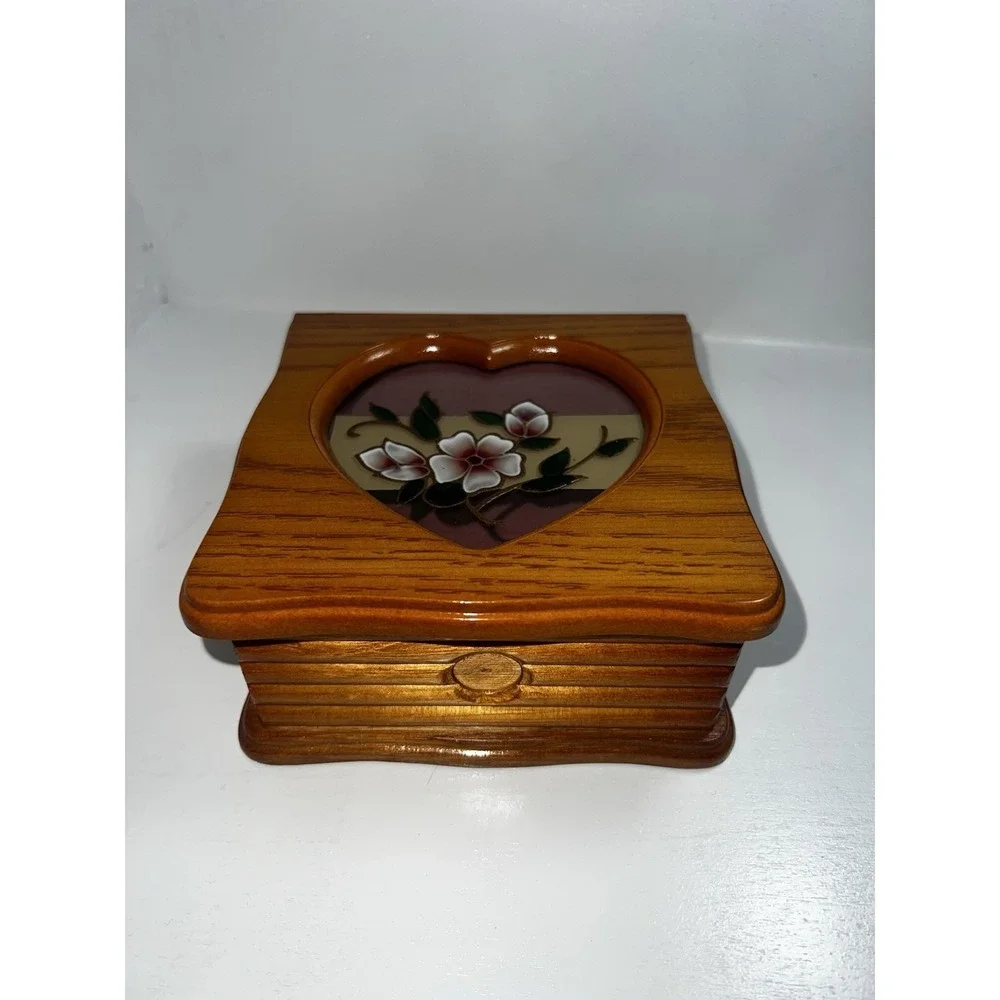 Vintage 1990's Ladies Jewelry Box Oak Finish Stained Glass Lid Kmart NEW IN BOX!